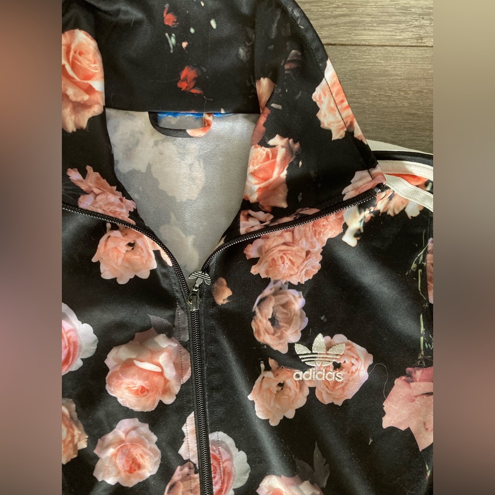 Adidas Black and Pink Track Shirt Zip Up Jacket with Flowers - Picture 2 of 3